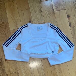 Adidas White Crop Top with Black Stripes Square Neckline